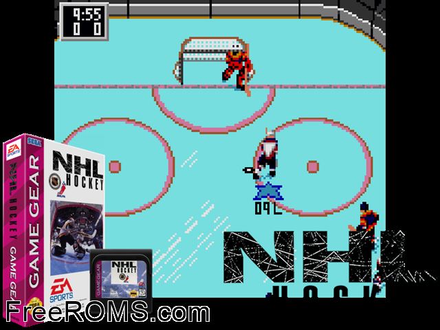 NHL Hockey Game Gear game showing 3D box cover and gameplay screenshot